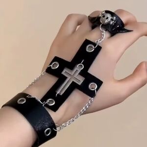 Brand New Gothic Skull Bat Cross Black & Silver Chain Bracelet Bangle